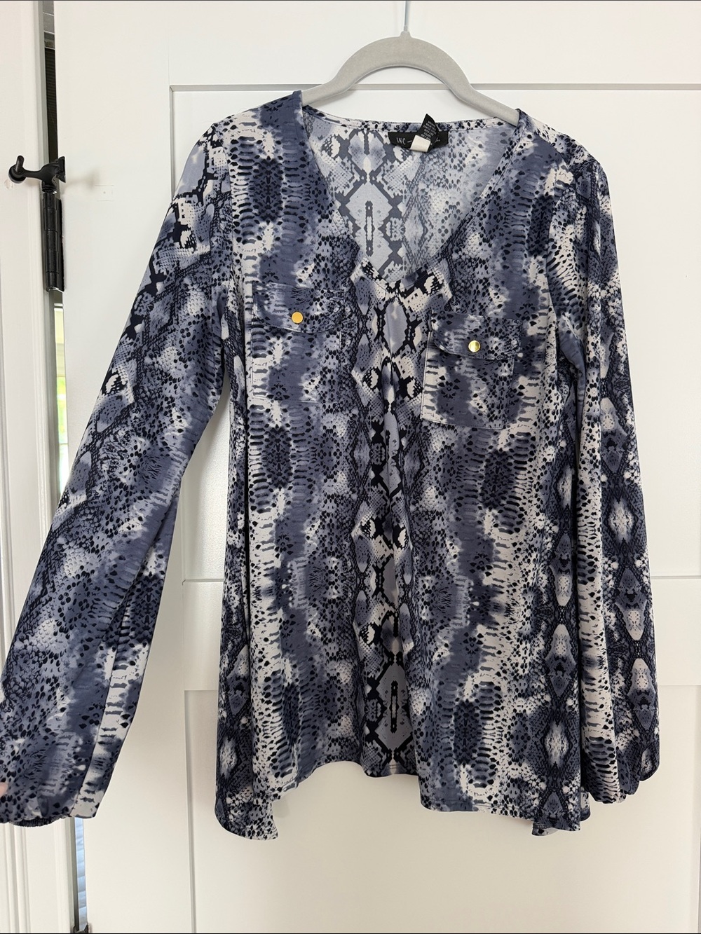 Navy and White Snake-Print V-Neck Blouse